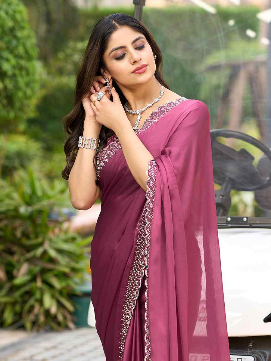 Pink Satin Chiffon Embroidered Festival Wedding Fancy Heavy Border Saree