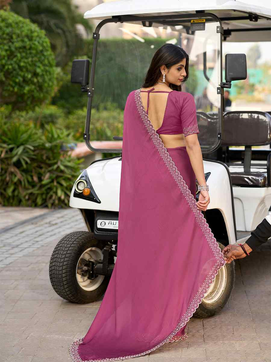 Pink Satin Chiffon Embroidered Festival Wedding Fancy Heavy Border Saree