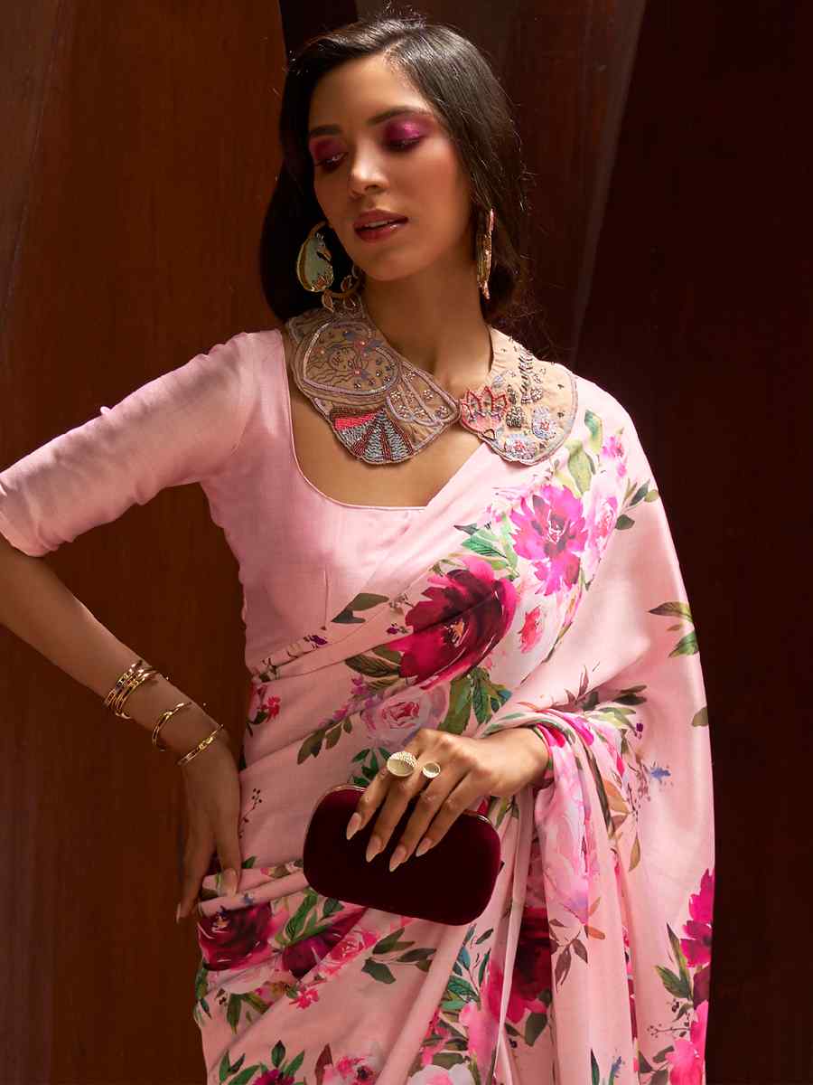 Pink Satin Crepe Printed Party Festival Contemporary Saree