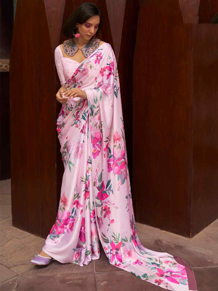 Pink Satin Crepe Printed Party Festival Contemporary Saree