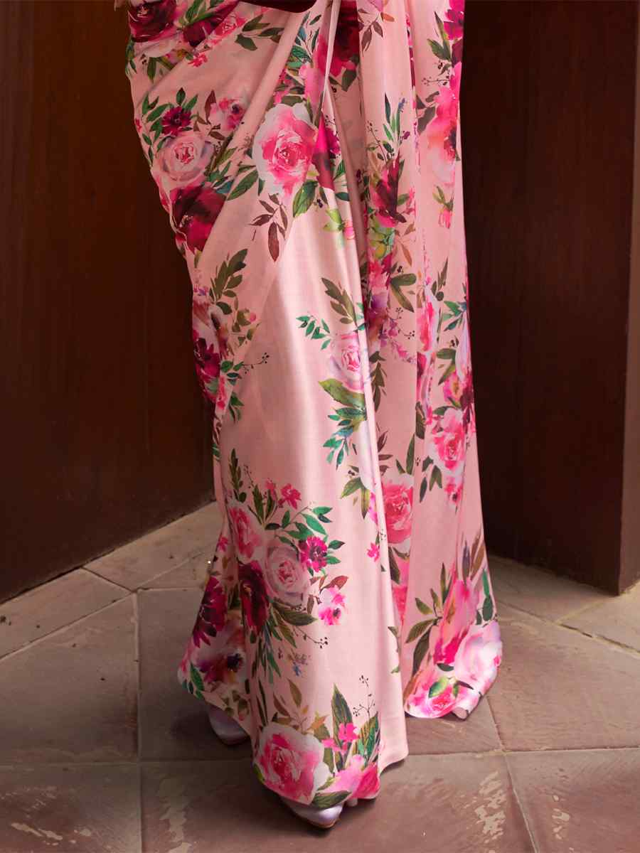 Pink Satin Crepe Printed Party Festival Contemporary Saree