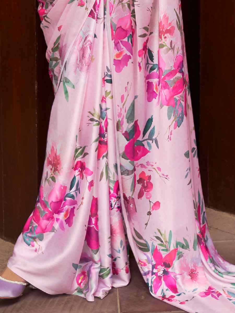 Pink Satin Crepe Printed Party Festival Contemporary Saree