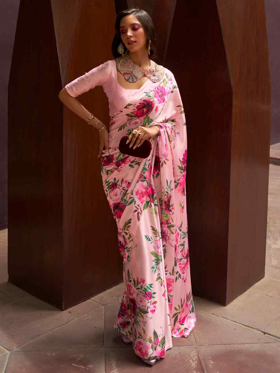 Pink Satin Crepe Printed Party Festival Contemporary Saree