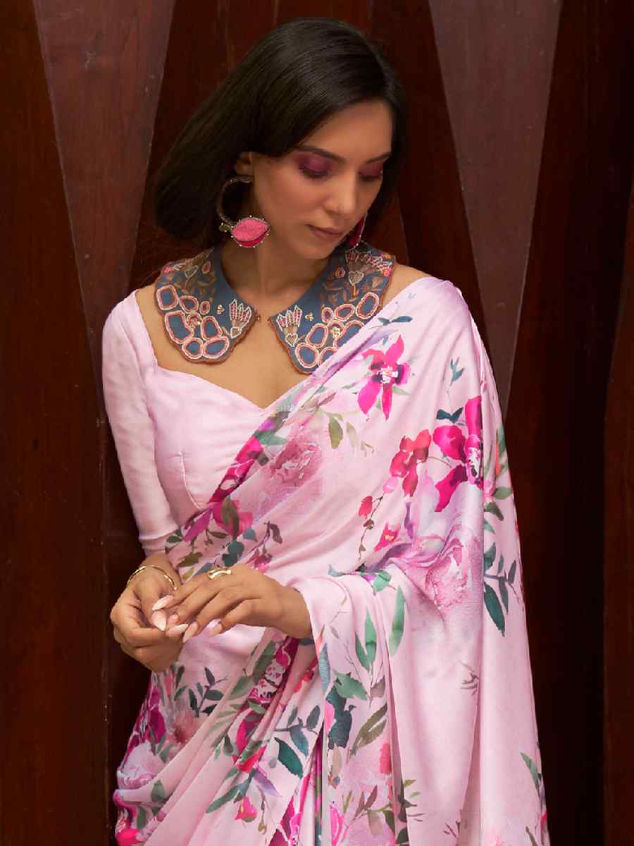 Pink Satin Crepe Printed Party Festival Contemporary Saree