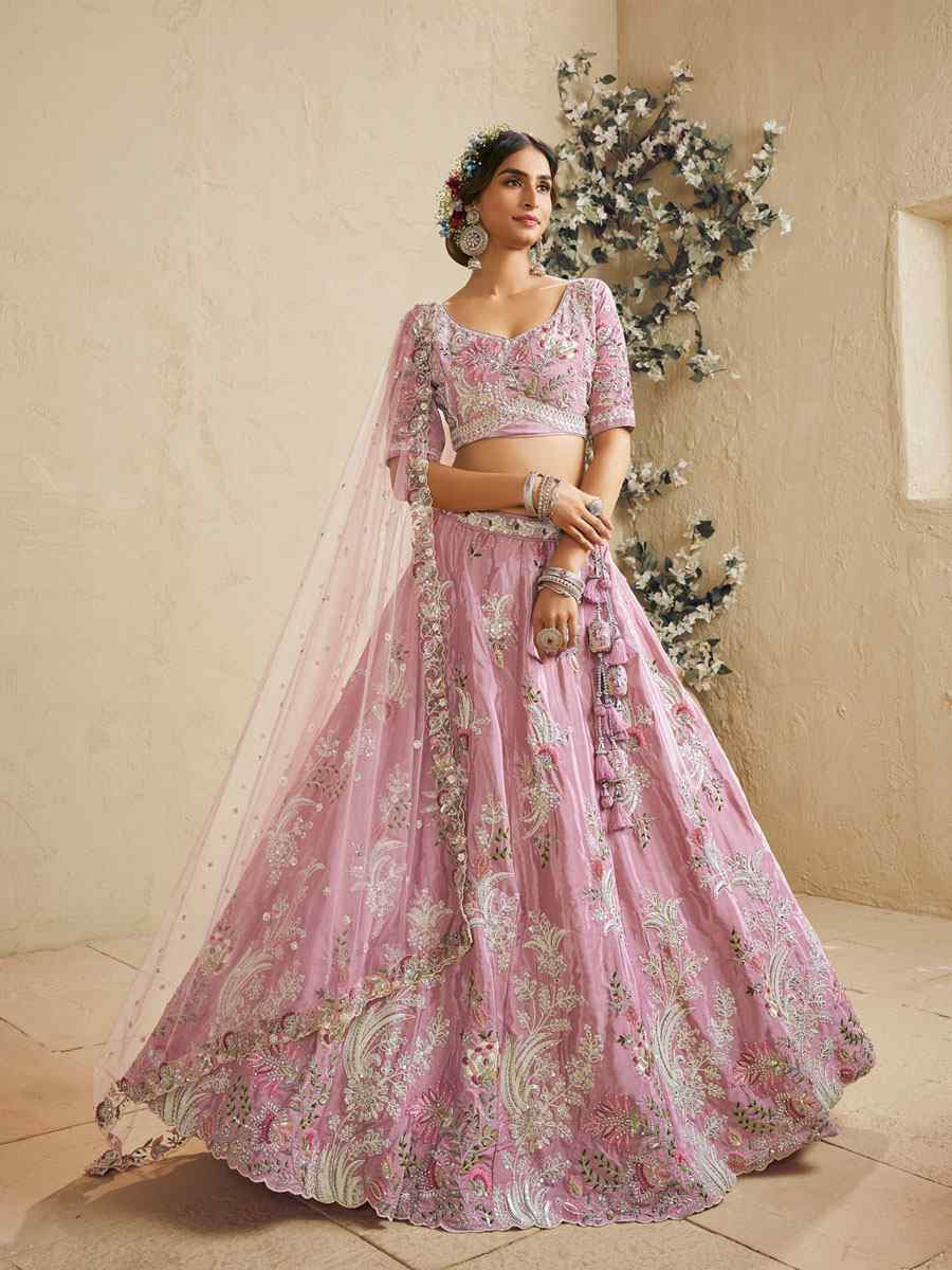 Pink Satin Embroidered Bridal Festival Reception Wedding Traditional Heavy Border Lehenga Choli