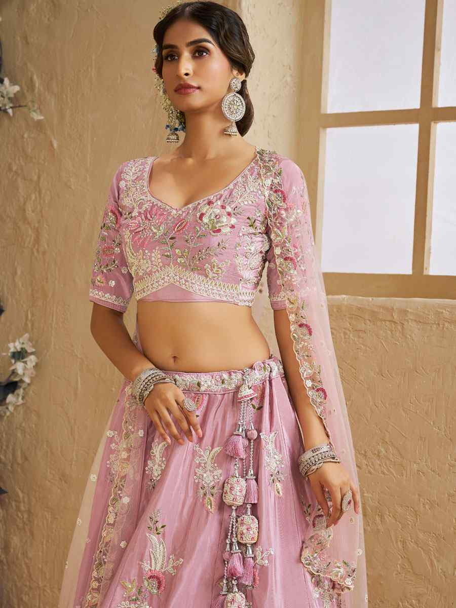 Pink Satin Embroidered Bridal Festival Reception Wedding Traditional Heavy Border Lehenga Choli
