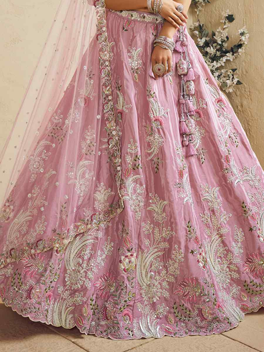 Pink Satin Embroidered Bridal Festival Reception Wedding Traditional Heavy Border Lehenga Choli
