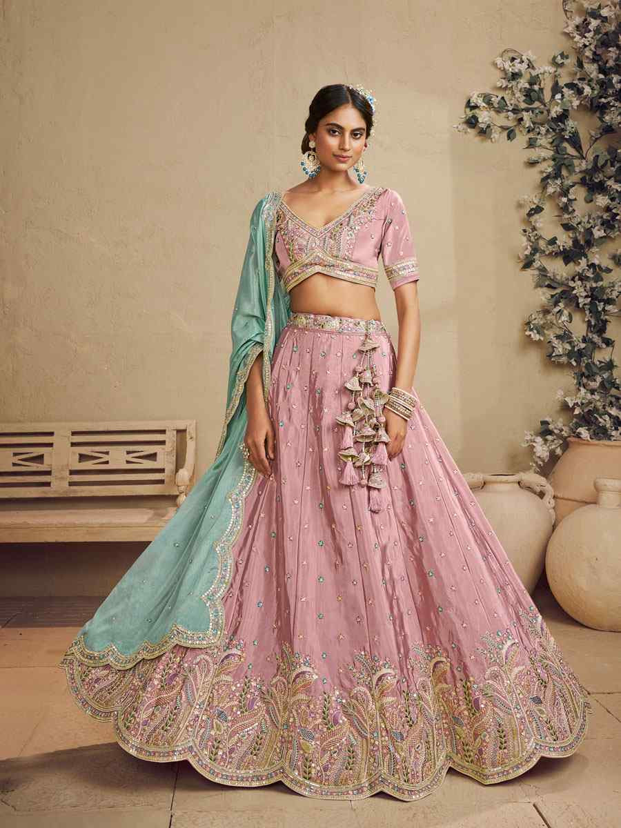 Pink Satin Embroidered Bridal Festival Reception Wedding Traditional Heavy Border Lehenga Choli