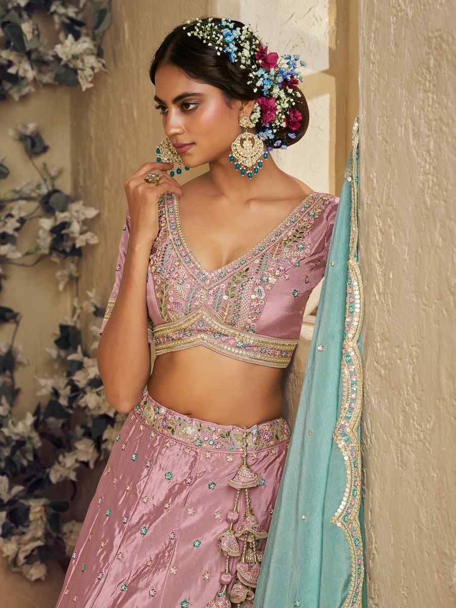 Pink Satin Embroidered Bridal Festival Reception Wedding Traditional Heavy Border Lehenga Choli