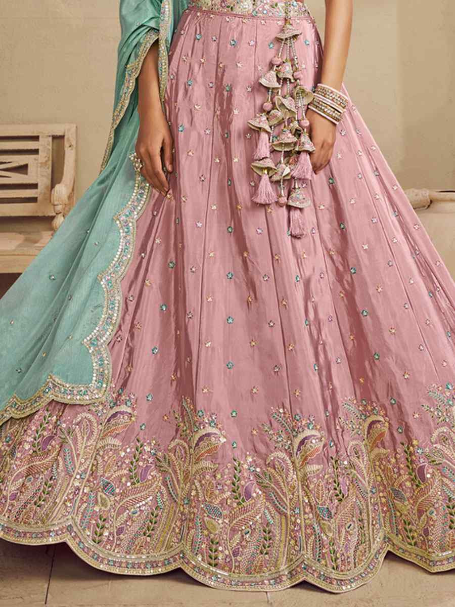 Pink Satin Embroidered Bridal Festival Reception Wedding Traditional Heavy Border Lehenga Choli