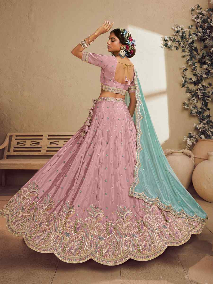 Pink Satin Embroidered Bridal Festival Reception Wedding Traditional Heavy Border Lehenga Choli