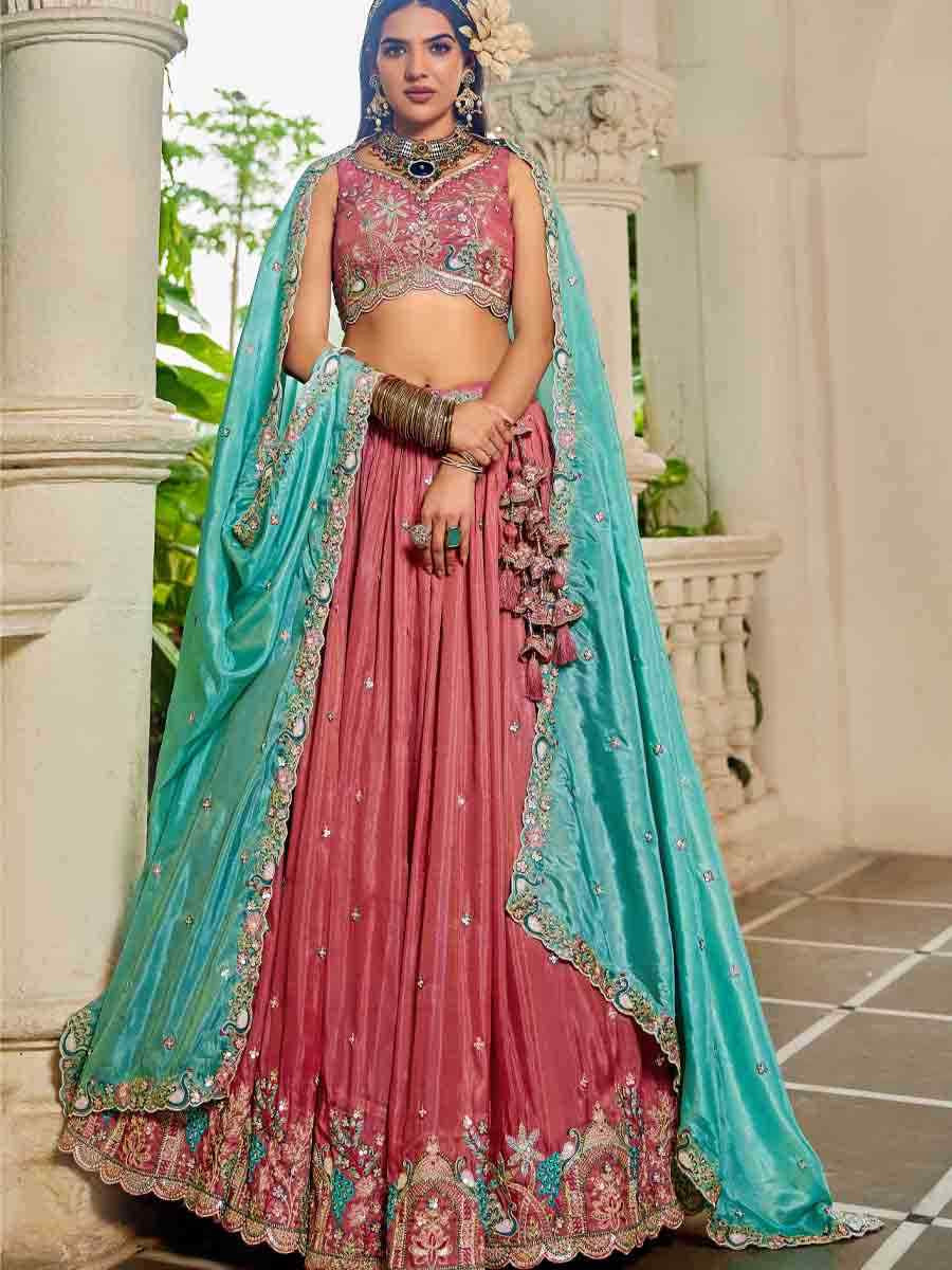Pink Satin Embroidered Reception Wedding Heavy Border Lehenga Choli