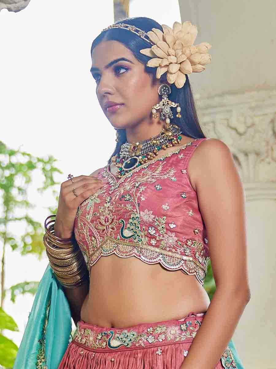 Pink Satin Embroidered Reception Wedding Heavy Border Lehenga Choli