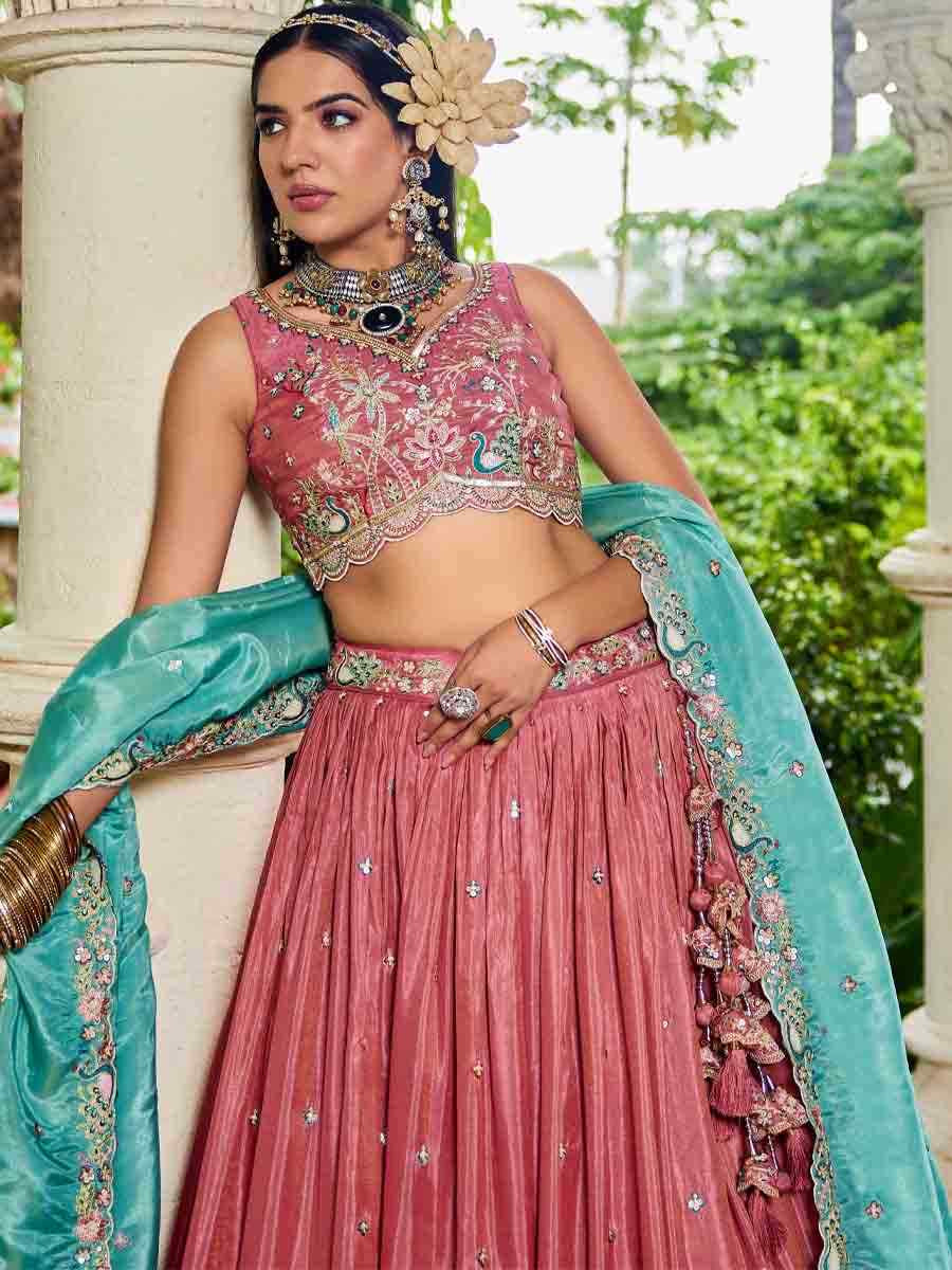 Pink Satin Embroidered Reception Wedding Heavy Border Lehenga Choli