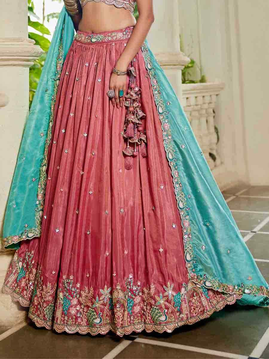 Pink Satin Embroidered Reception Wedding Heavy Border Lehenga Choli
