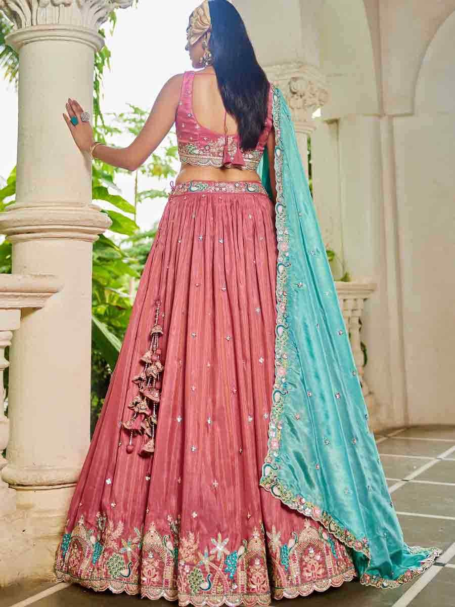 Pink Satin Embroidered Reception Wedding Heavy Border Lehenga Choli