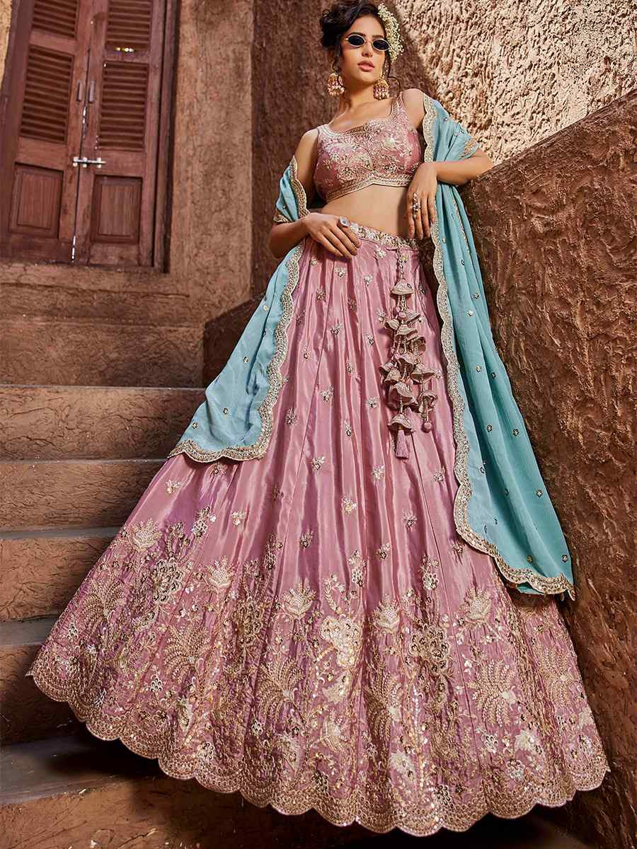 Pink Satin Embroidered Reception Wedding Heavy Border Lehenga Choli