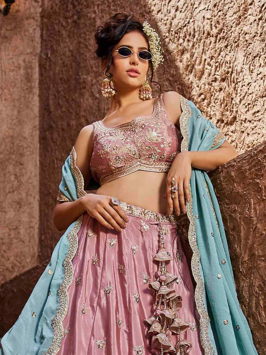 Pink Satin Embroidered Reception Wedding Heavy Border Lehenga Choli