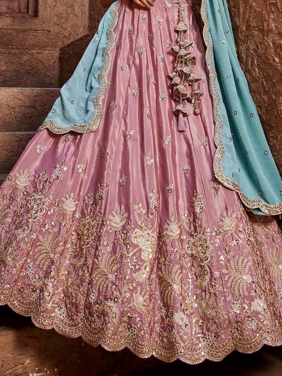 Pink Satin Embroidered Reception Wedding Heavy Border Lehenga Choli