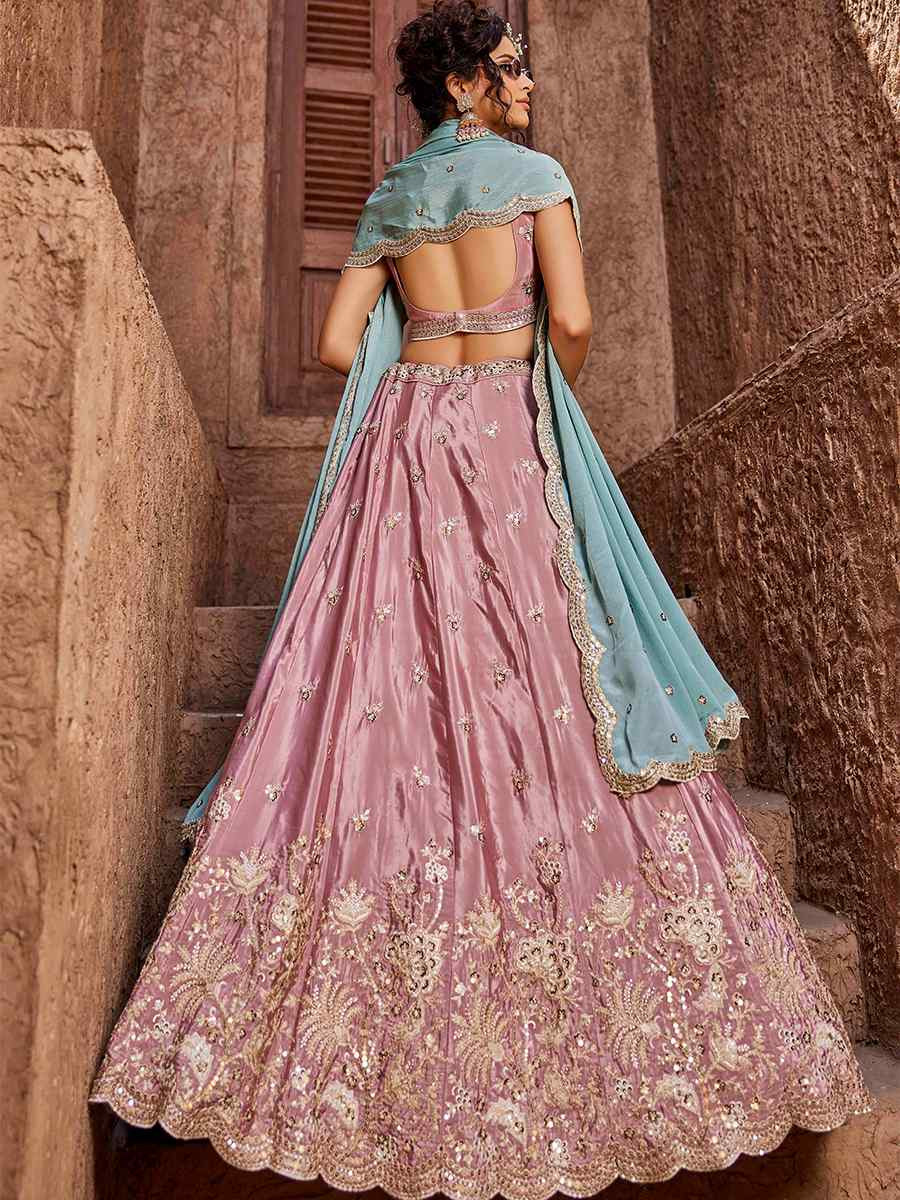 Pink Satin Embroidered Reception Wedding Heavy Border Lehenga Choli