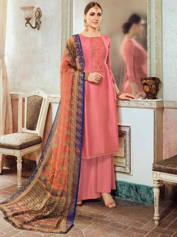 Pink Satin Georgette Embroidered Festival Casual Palazzo Pant Salwar Kameez