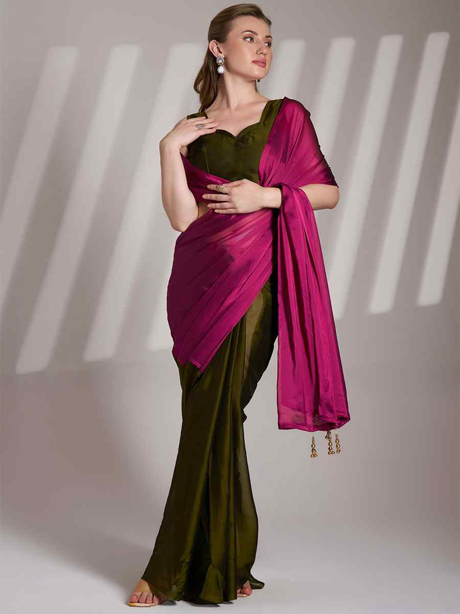 Pink Satin Rangoli Solid Casual Festival Classic Style Saree