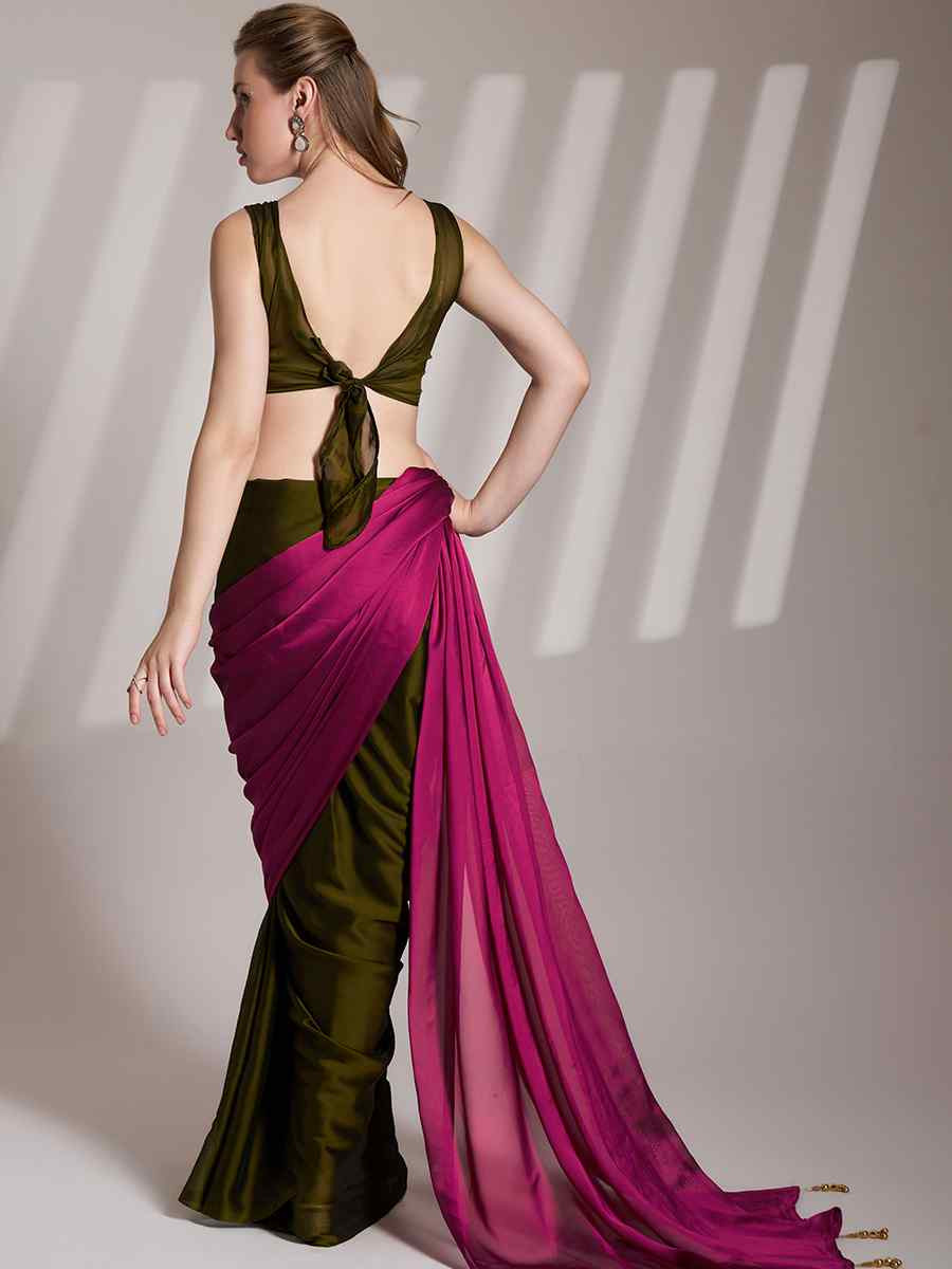 Pink Satin Rangoli Solid Casual Festival Classic Style Saree