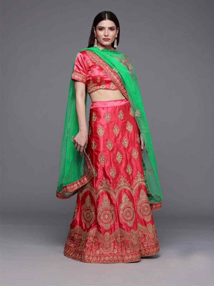 Pink Satin Silk Embroidered Bridesmaid Heavy Border Lehenga Choli