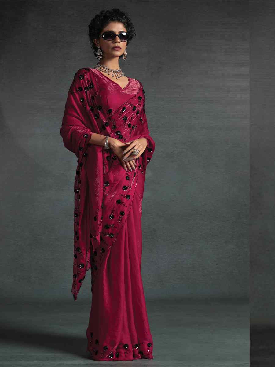 Pink Satin Silk Embroidered Festival Wedding Fancy Heavy Border Saree