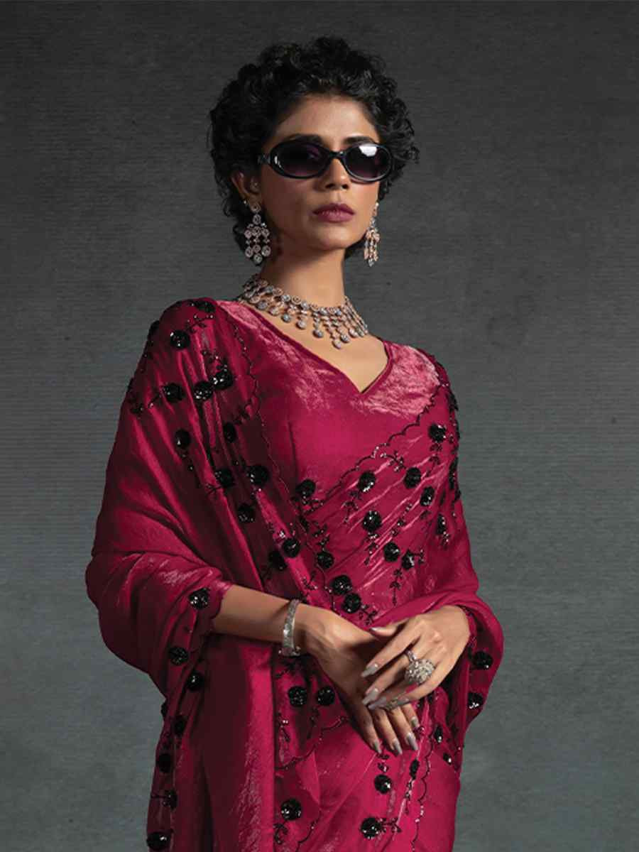 Pink Satin Silk Embroidered Festival Wedding Fancy Heavy Border Saree