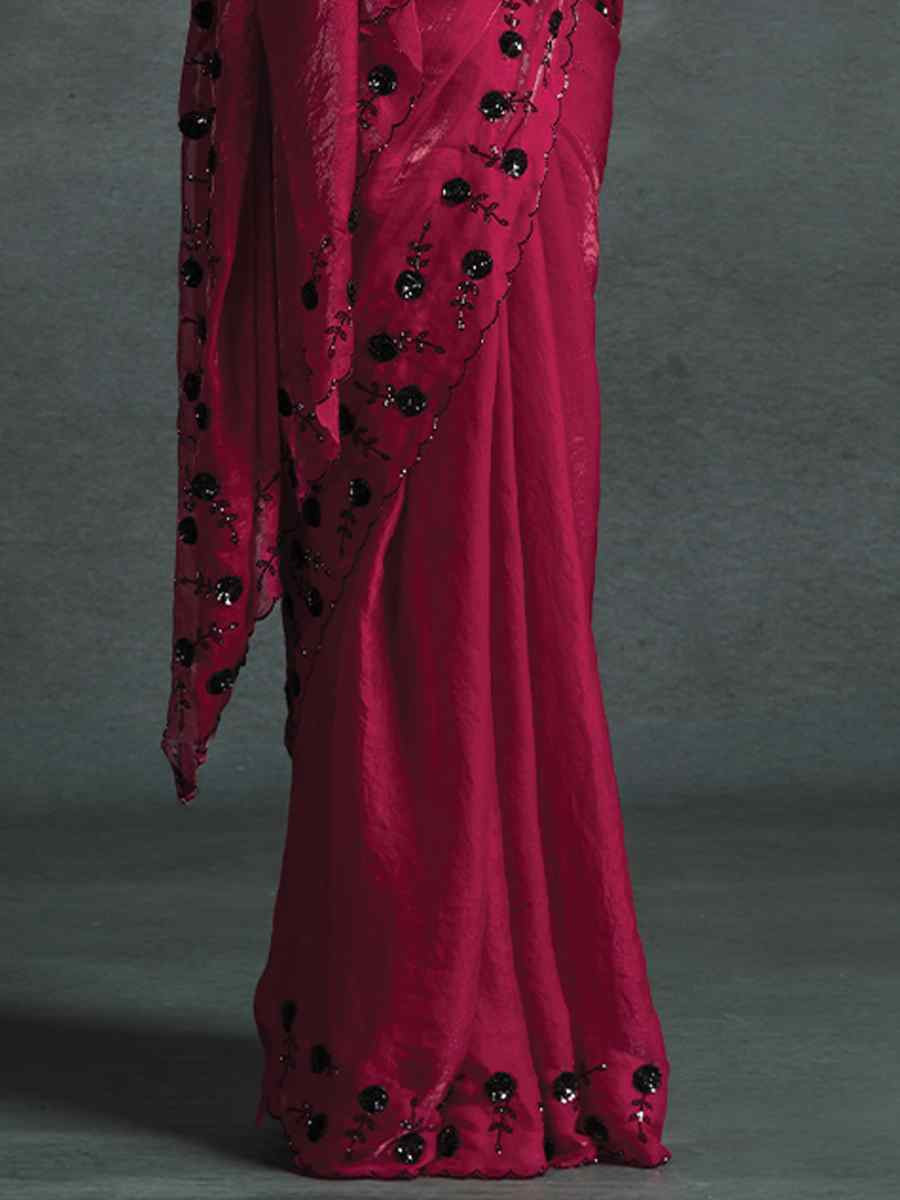 Pink Satin Silk Embroidered Festival Wedding Fancy Heavy Border Saree