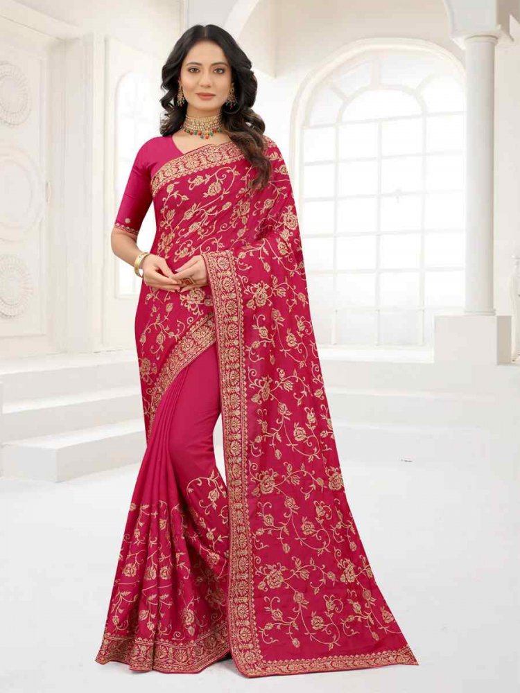 Pink Satin Silk Embroidered Party Wedding Heavy Border Saree