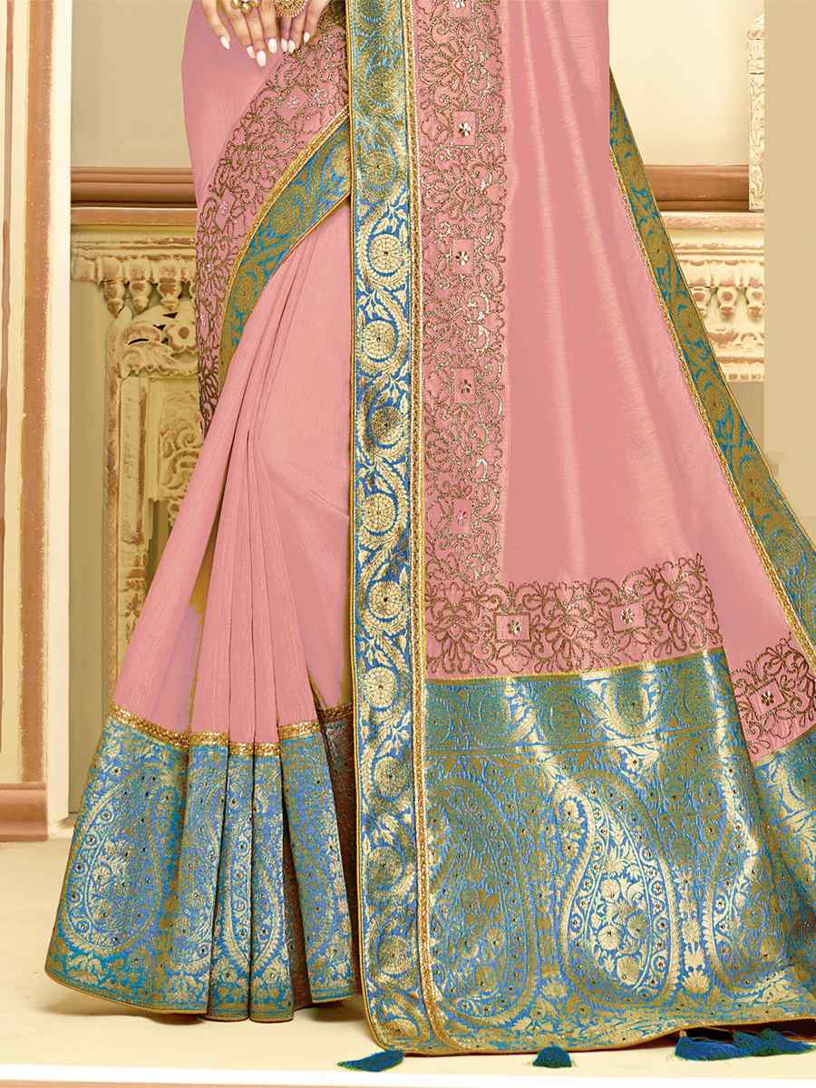 Pink Satin Silk Embroidered Reception Wedding Heavy Border Saree