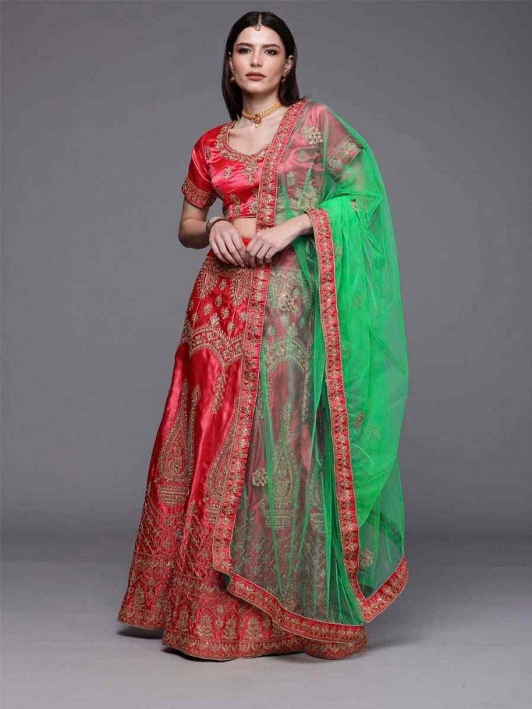 Pink Satin Silk Embroidered Wedding Bridesmaid Heavy Border Lehenga Choli