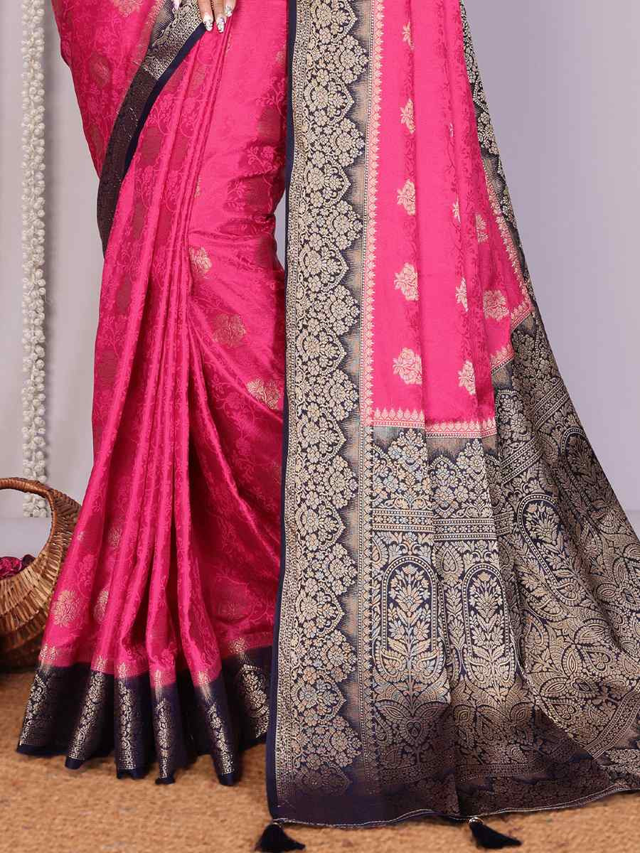 Pink Satin Silk Handwoven Festival Wedding Fancy Heavy Border Saree