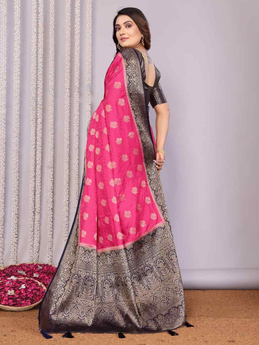 Pink Satin Silk Handwoven Festival Wedding Fancy Heavy Border Saree