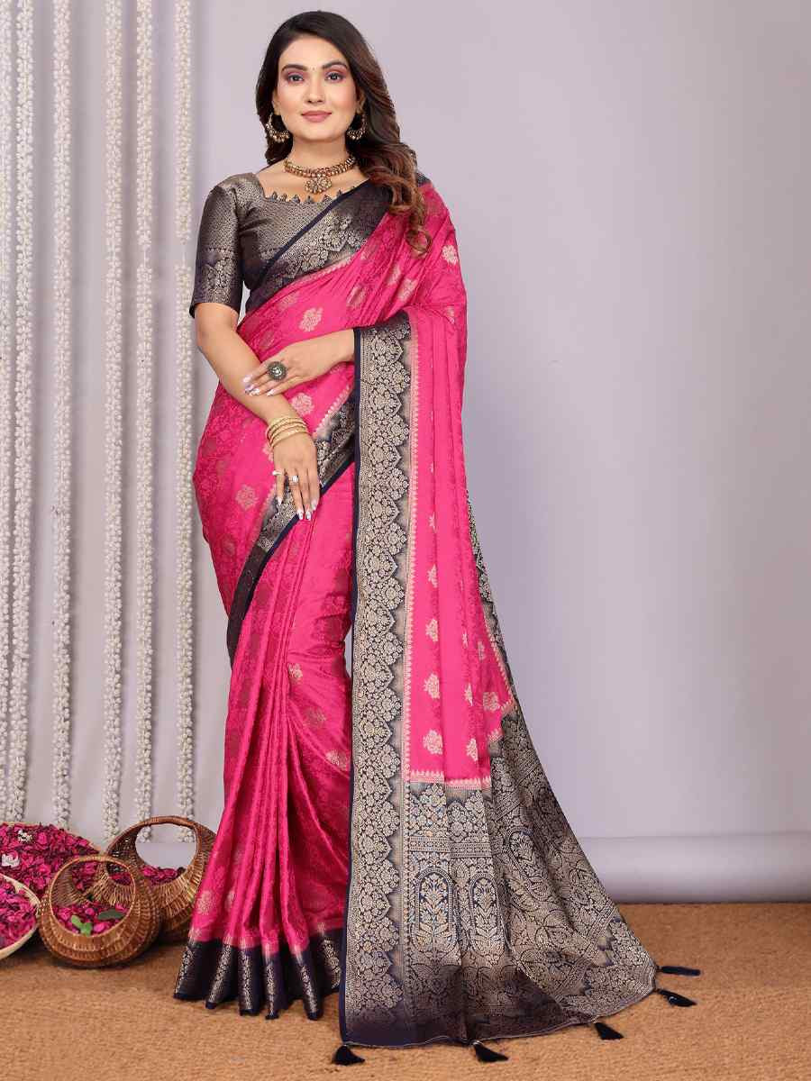 Pink Satin Silk Handwoven Festival Wedding Fancy Heavy Border Saree