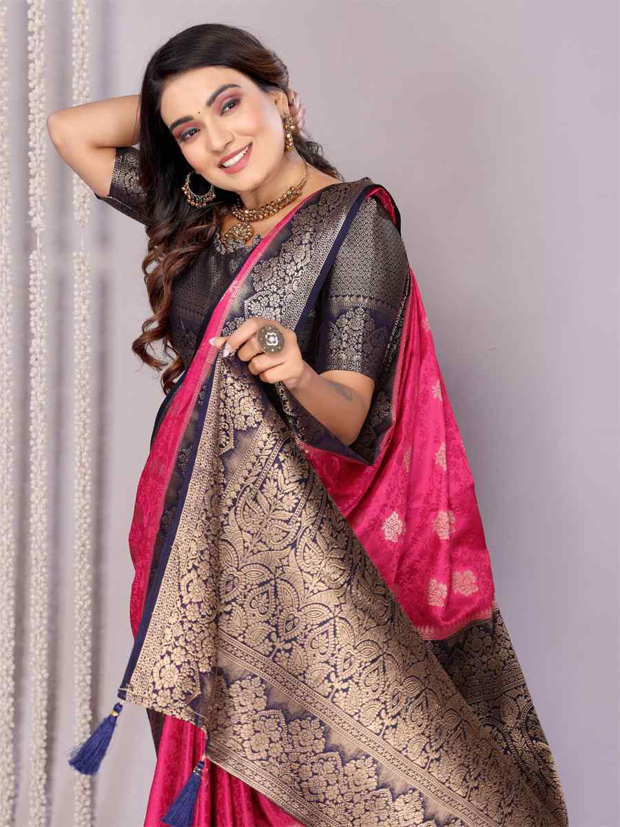 Pink Satin Silk Handwoven Festival Wedding Fancy Heavy Border Saree