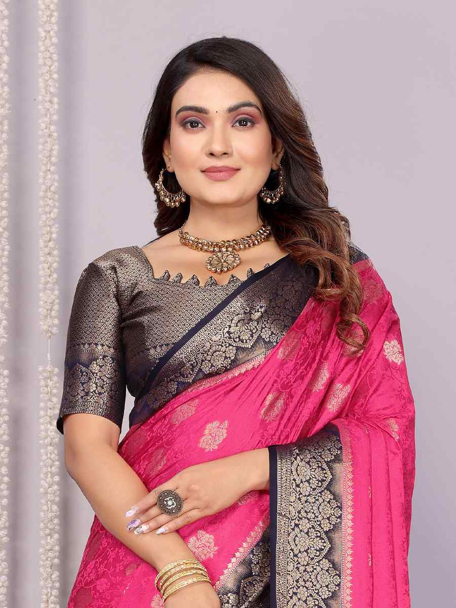 Pink Satin Silk Handwoven Festival Wedding Fancy Heavy Border Saree