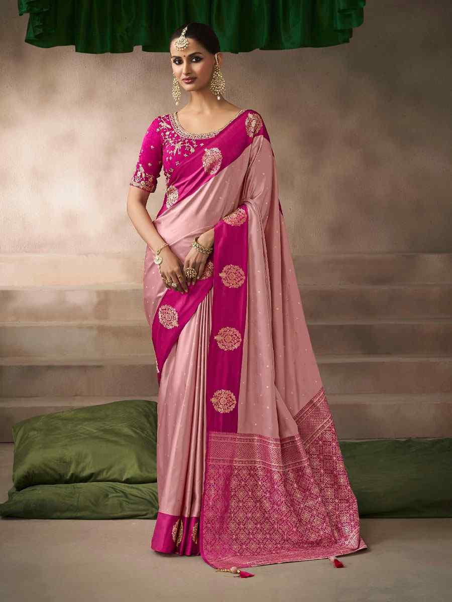 Pink Satin Silk Handwoven Zari Work Traditional Bridal Reception Festival Wedding Fancy Heavy Border Saree