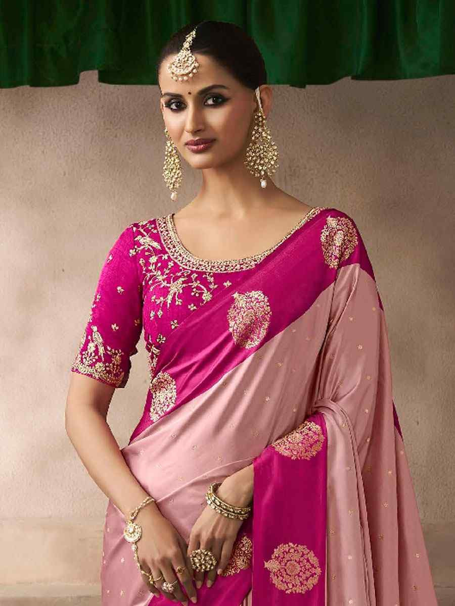 Pink Satin Silk Handwoven Zari Work Traditional Bridal Reception Festival Wedding Fancy Heavy Border Saree