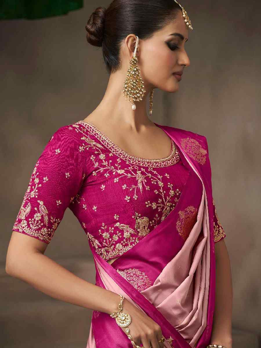 Pink Satin Silk Handwoven Zari Work Traditional Bridal Reception Festival Wedding Fancy Heavy Border Saree