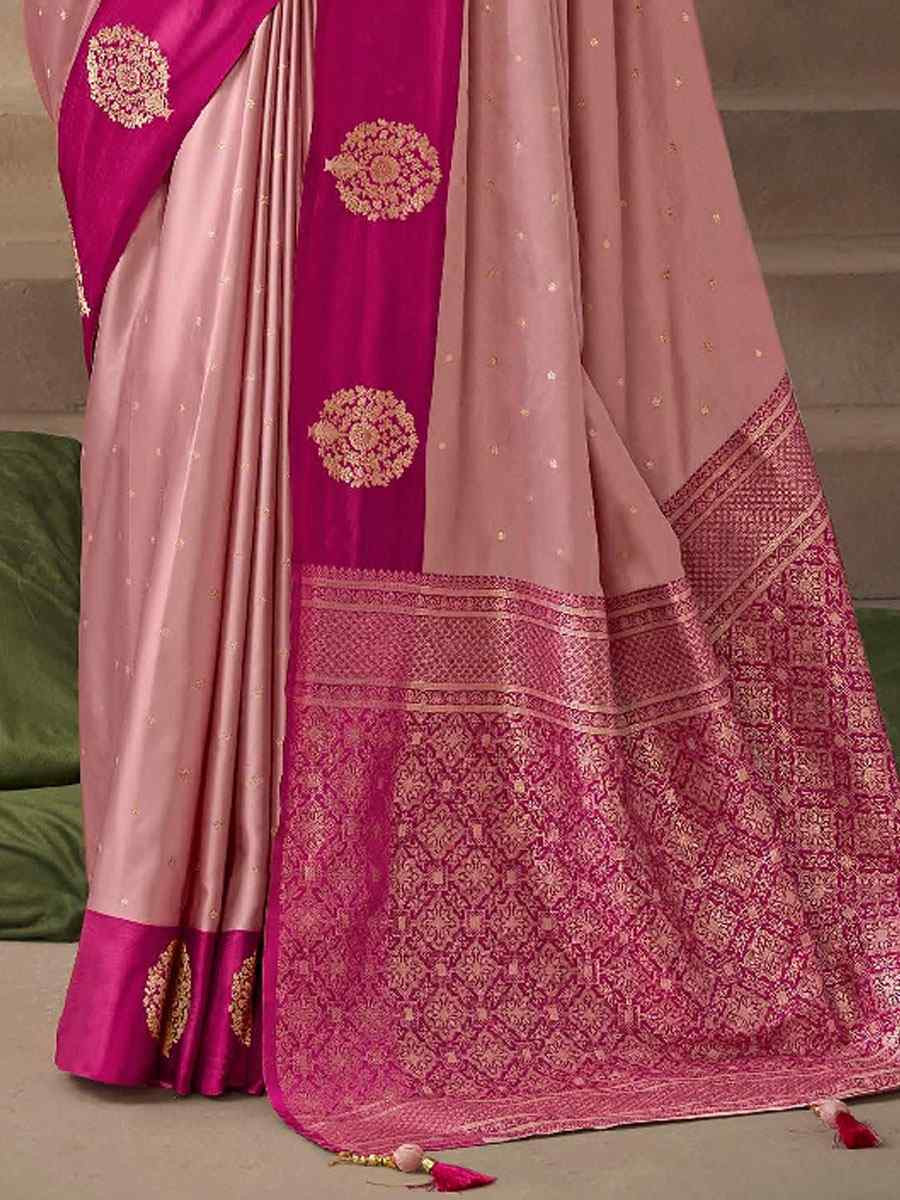 Pink Satin Silk Handwoven Zari Work Traditional Bridal Reception Festival Wedding Fancy Heavy Border Saree