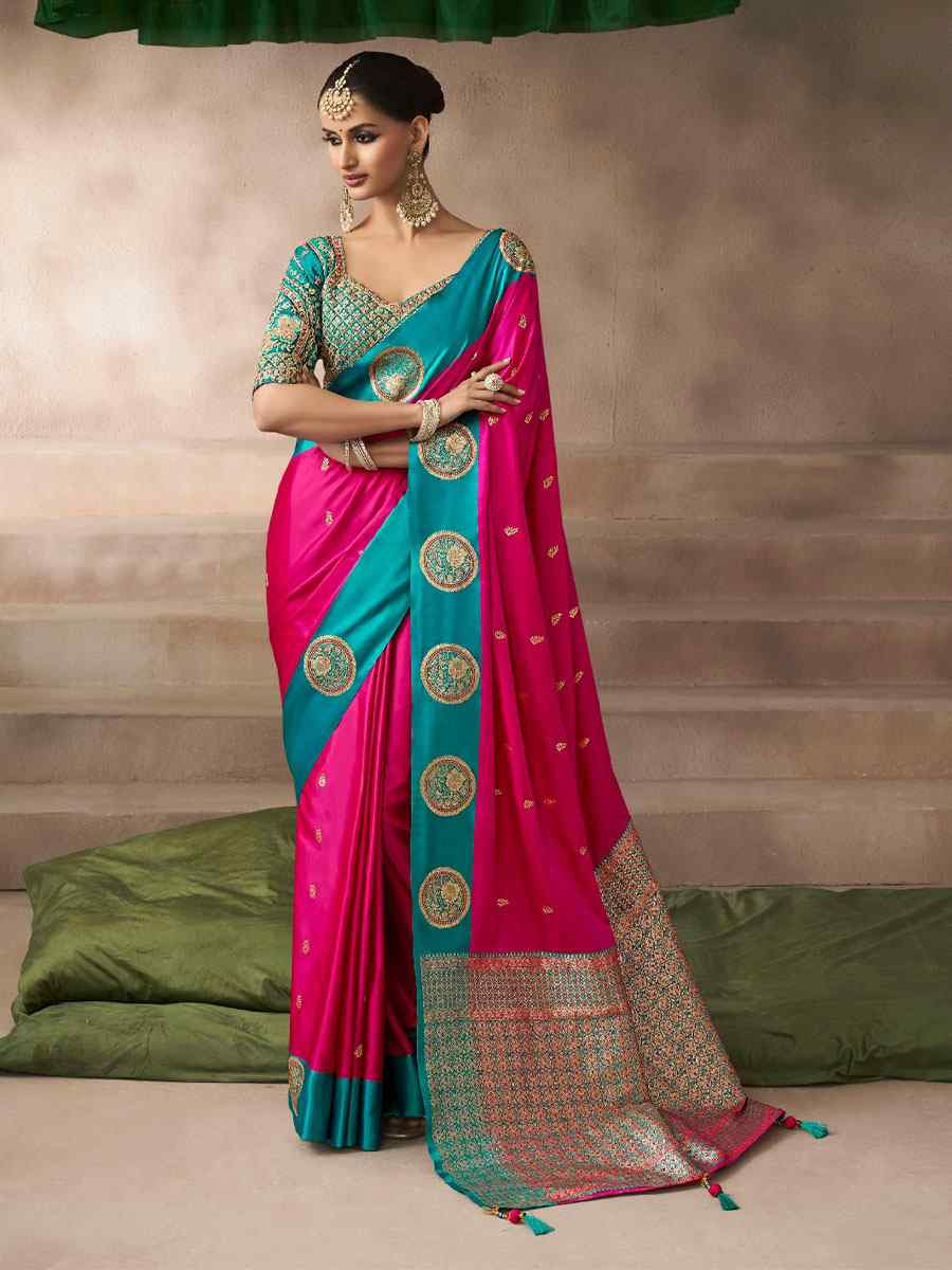 Pink Satin Silk Handwoven Zari Work Traditional Bridal Reception Festival Wedding Fancy Heavy Border Saree