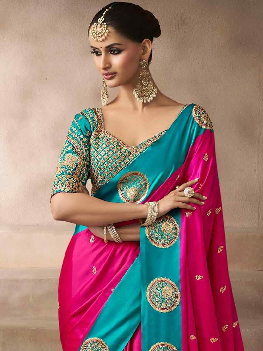 Pink Satin Silk Handwoven Zari Work Traditional Bridal Reception Festival Wedding Fancy Heavy Border Saree
