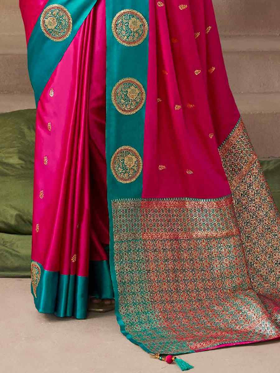 Pink Satin Silk Handwoven Zari Work Traditional Bridal Reception Festival Wedding Fancy Heavy Border Saree