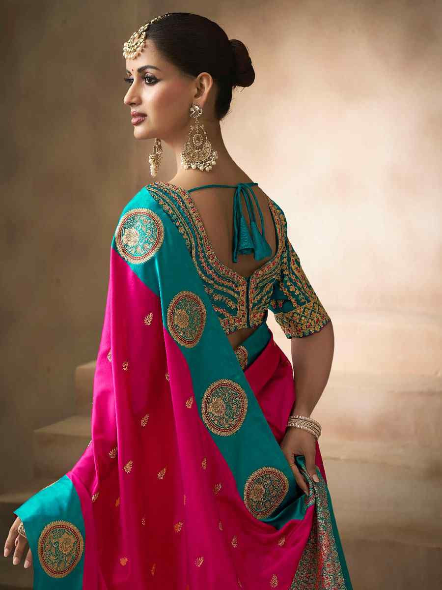 Pink Satin Silk Handwoven Zari Work Traditional Bridal Reception Festival Wedding Fancy Heavy Border Saree