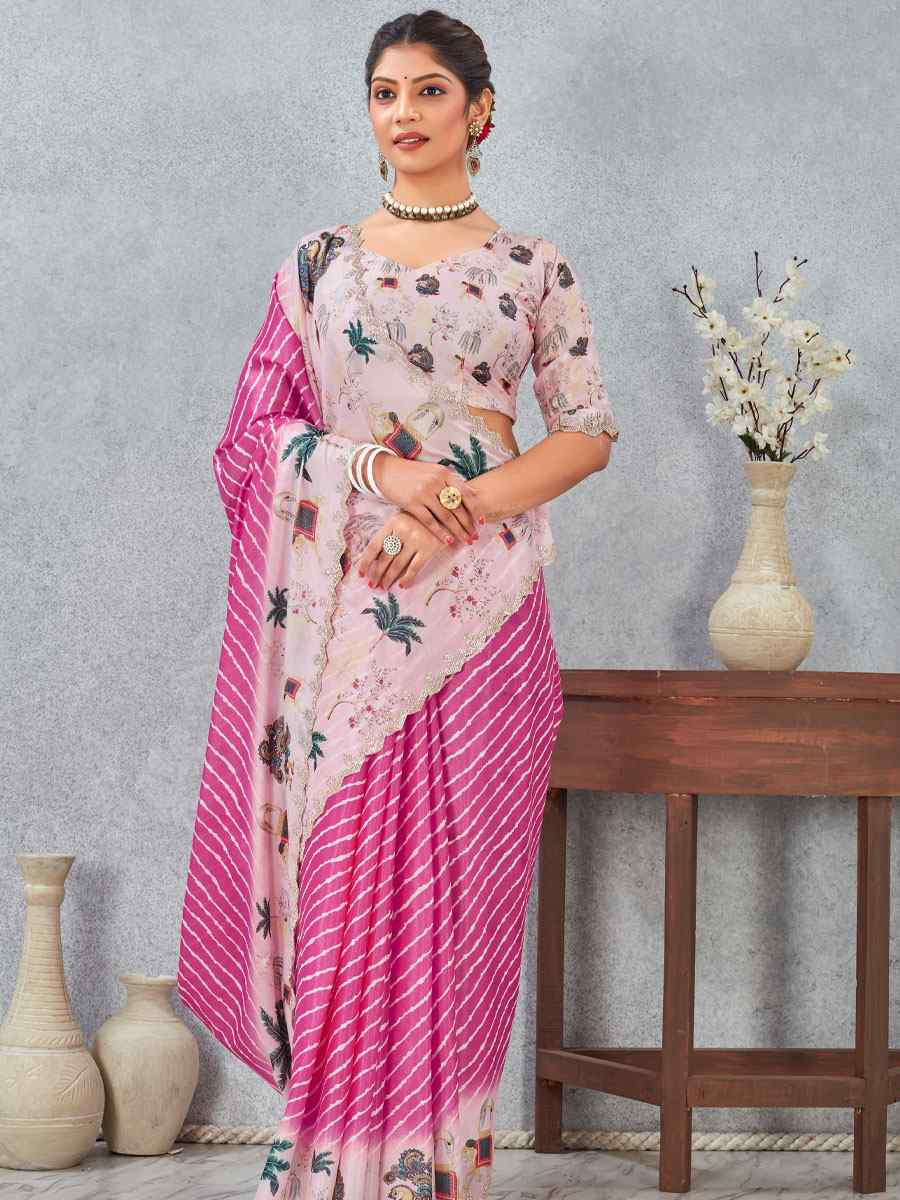 Pink Satin Silk Printed Traditional Casual Reception Festival Wedding Fancy Heavy Border Saree