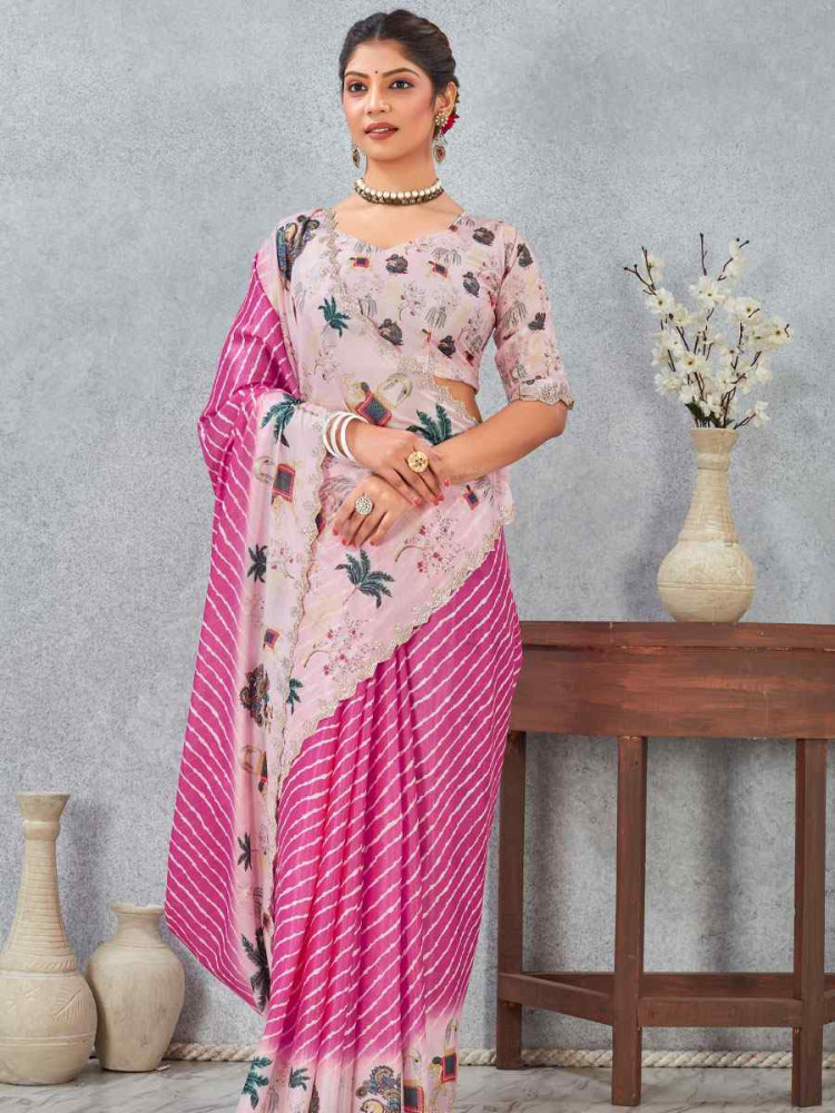 Image of Pink Satin Silk Printed Traditional Casual Reception Festival Wedding Fancy Heavy Border Saree