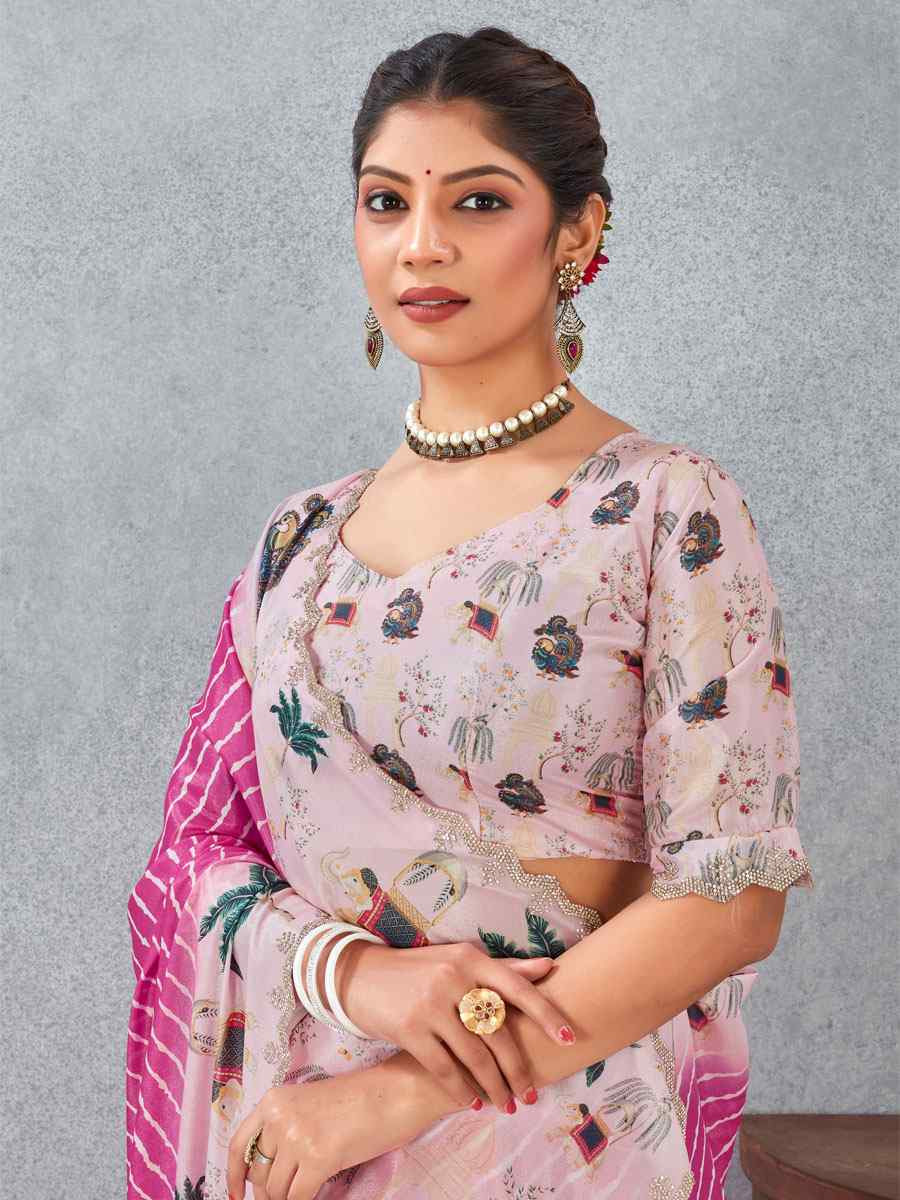 Pink Satin Silk Printed Traditional Casual Reception Festival Wedding Fancy Heavy Border Saree